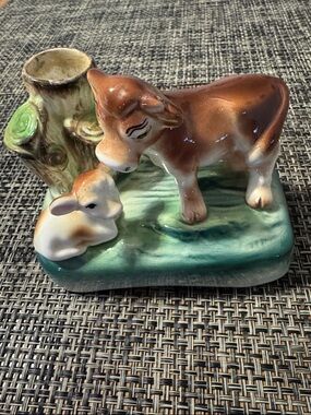 Vintage Spill Vase Featuring A Faux Tree Stump with a Cow & Calf on a Green Base